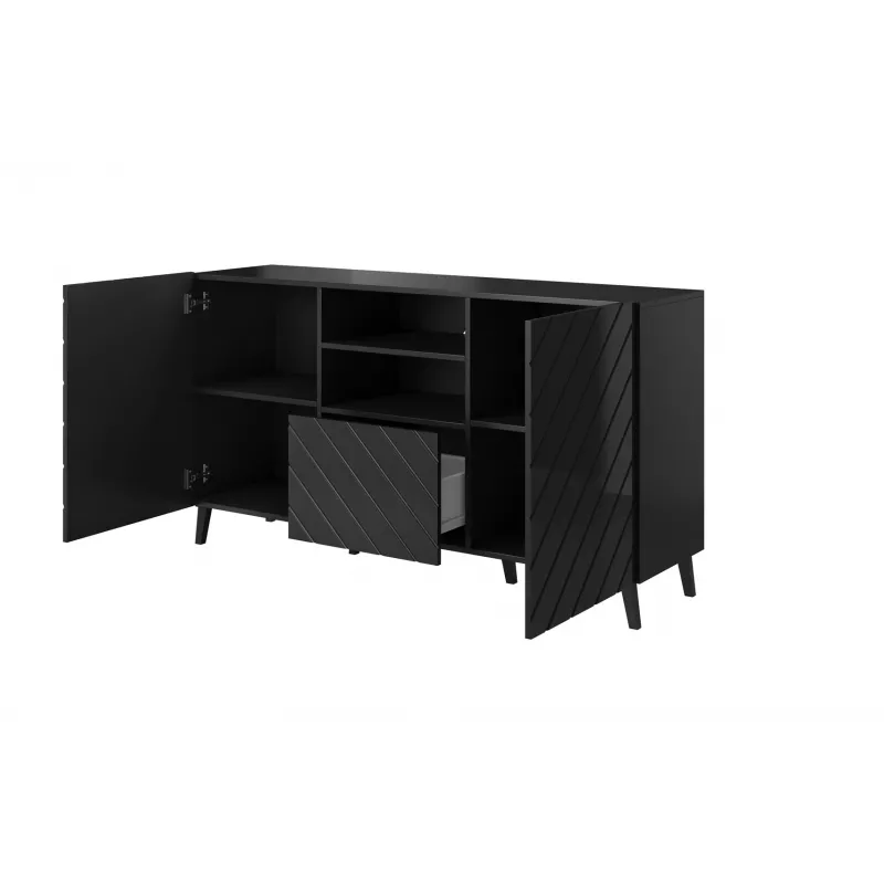 Cómoda Cama Meble ABETO 150x42x82 cm, negro alto brillo, estructura de MDF, 1 cajón