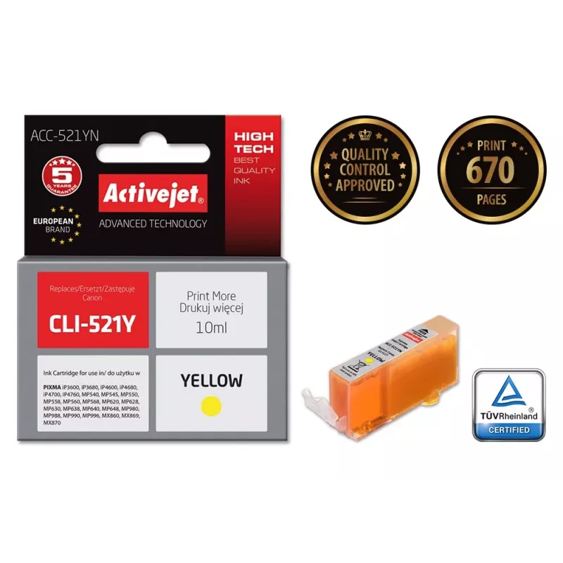 Activejet ACC-521YN tinta, sustituye a Canon CLI-521Y, Supreme, 10 ml, amarillo