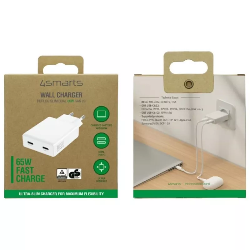 Cargador PDPlug Dual 65W GaN 2xUSB-C blanco