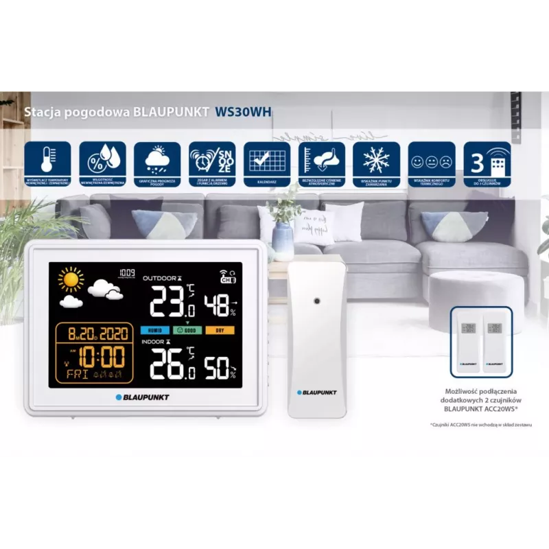 Estación meteorológica BLAUPUNKT WS30WH — monitor de temperatura y humedad interior y exterior