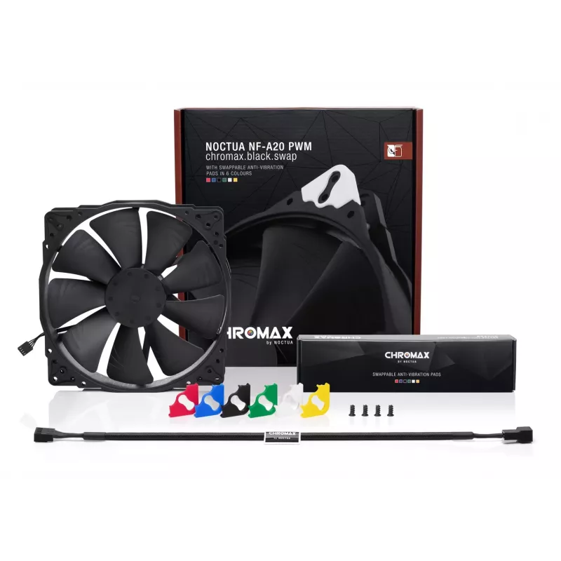 Noctua NF-A20 PWM chromax.black.swap ventilador de caja, 200 mm, 350–800 rpm, 18,1 dB, rodamiento SSO2, negro