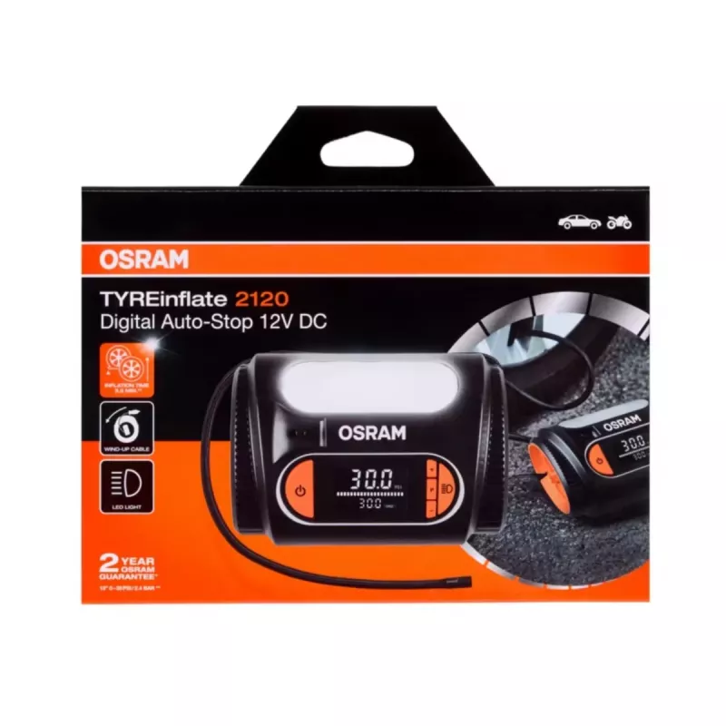 Compresor de aire Osram TyreInflate 2120 – inflador de neumáticos compacto a batería de 12V (OTI2120)