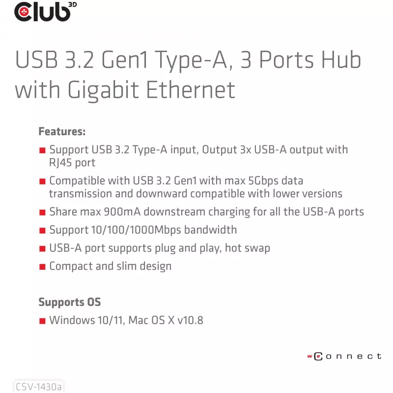 Hub USB CLUB3D USB 3.2 Gen1 Type-A con 3 puertos y Gigabit Ethernet