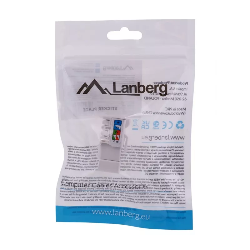Módulo Keystone LANBERG KSU6-1090, Cat6 U/UTP plano, conector macho RJ-45 a conector hembra LSA, AWG 22/26, 14.5×16.1 mm, blanco