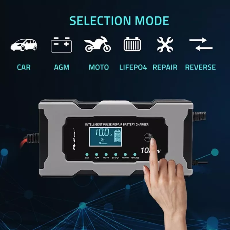 Cargador QOLTEC 52493 12V 10A con función de reparación para baterías AGM