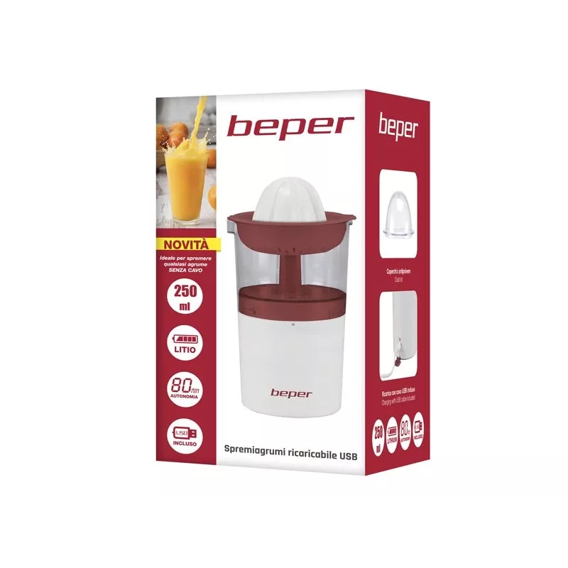 Beper P102EST100 exprimidor de cítricos recargable por USB, 250 ml, blanco/rojo