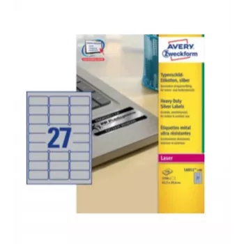 Avery Durable Heavy Duty L6011 - poliéster - adhesivo permanente - plata - 63,5 x 29,6 mm 2700 etiquetas (100 hojas x 27) etiquetas (L6011-100)