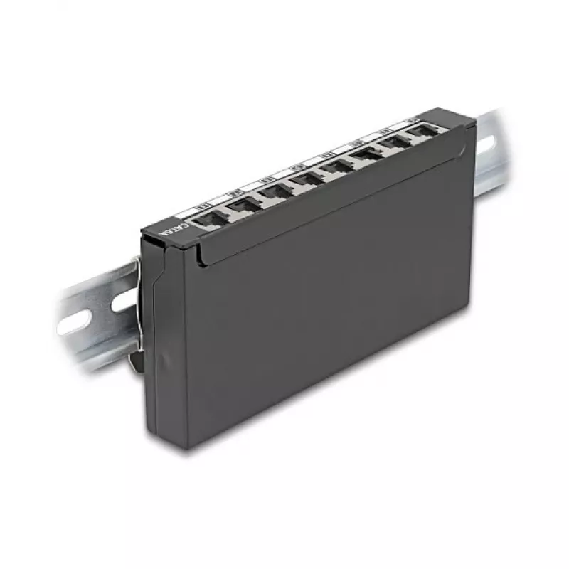 Patch panel DELOCK mini sobremesa RJ45 8 puertos Cat.6A apantallado negro para mesa, pared o carril DIN