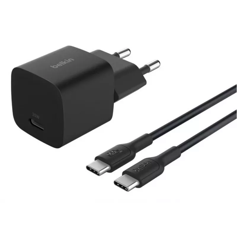 Cargador de interior AC Belkin BoostCharge 25 W USB-C PD/PPS, cable de 1 m, negro — para consolas, smartphones, tablets