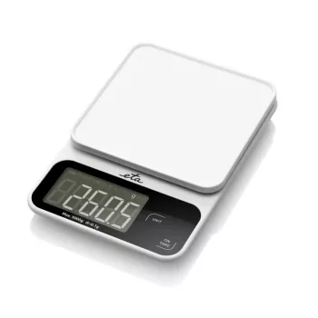 Báscula de cocina electrónica ETA POPI blanca — máx. 5 kg, precisión 1 g, pantalla LCD, pilas AAA