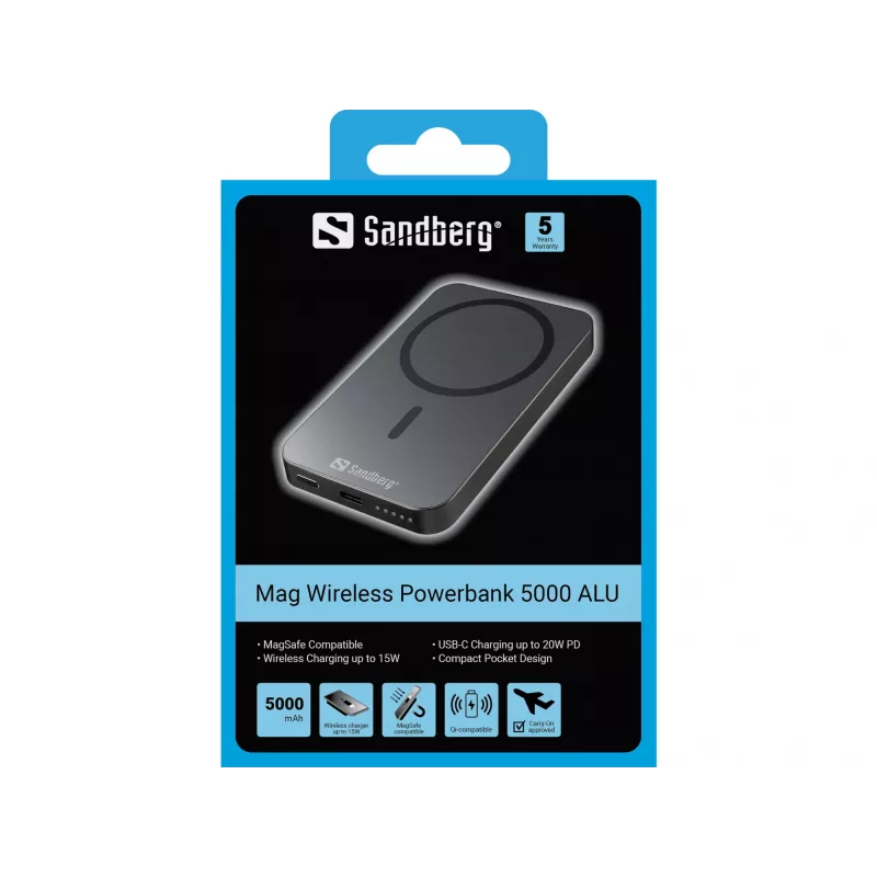 Batería externa portátil Sandberg Mag Wireless Powerbank 5000 ALU, 5000 mAh