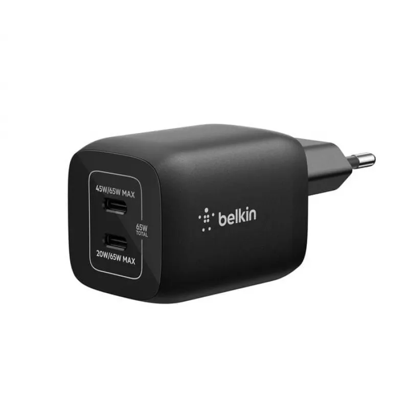 Cargador dual USB-C Belkin ENA007KQBK 65W – función de carga dual USB-C PD para portátiles y dispositivos móviles
