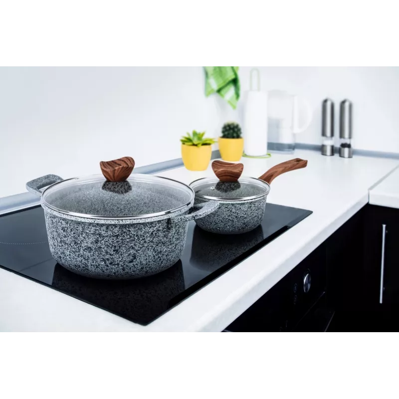 PROMIS Batería de cocina de granito, cazo 16 cm y ollas 20, 24, 28 cm, asas marrones