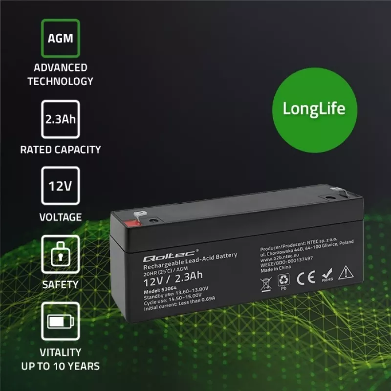 Batería AGM sellada QOLTEC 12V 2,3Ah para sistemas SAI y de respaldo, descarga máx. 34,5A
