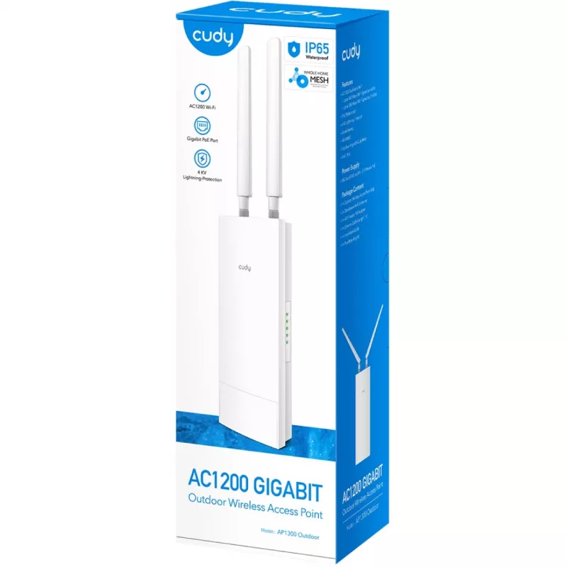 Punto de acceso Cudy AP1300 Outdoor — Doble banda 2,4/5 GHz, 300/867 Mbit/s, IP65, PoE, 2 antenas externas RP‑SMA