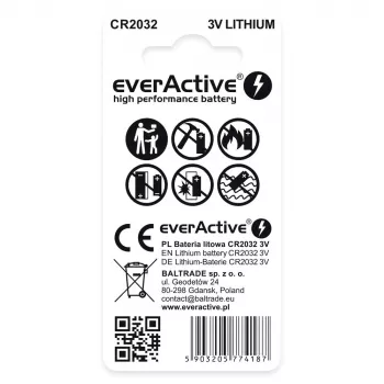Pila de botón de litio everActive CR2032 — 3V, 20 mm, 2 uds. blíster