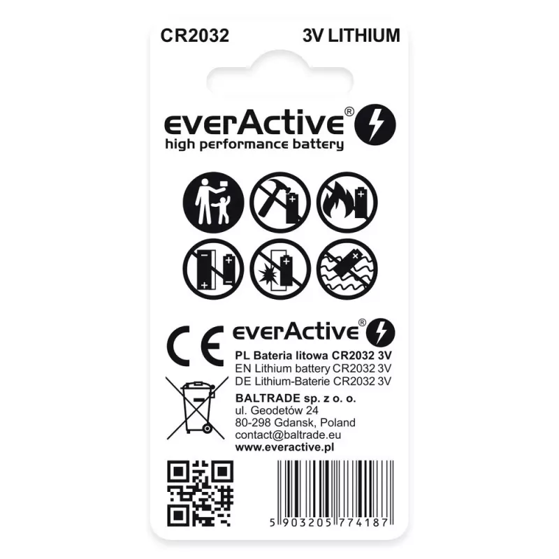 Pila de botón de litio everActive CR2032 — 3V, 20 mm, 2 uds. blíster