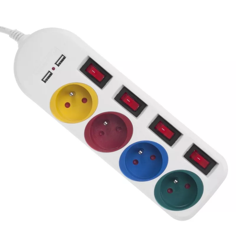 Regleta MACLEAN MCE229W — 4 tomas, 2× USB, cable de 1,5 m, tipo F, 10 A, blanca