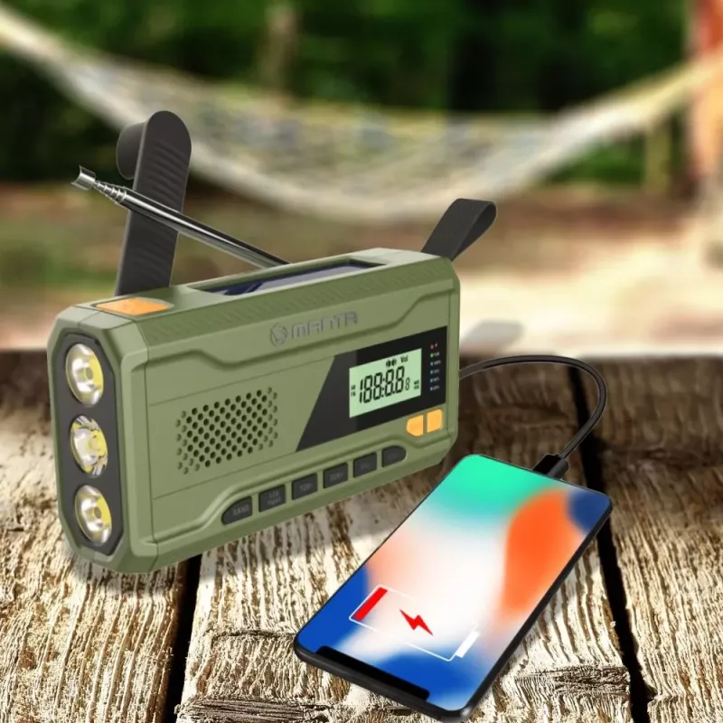 Radio FM portátil MANTA RDI401G con panel solar, dinamo, batería de 4000–4500 mAh, salida USB de 5 V, 3 W, linterna