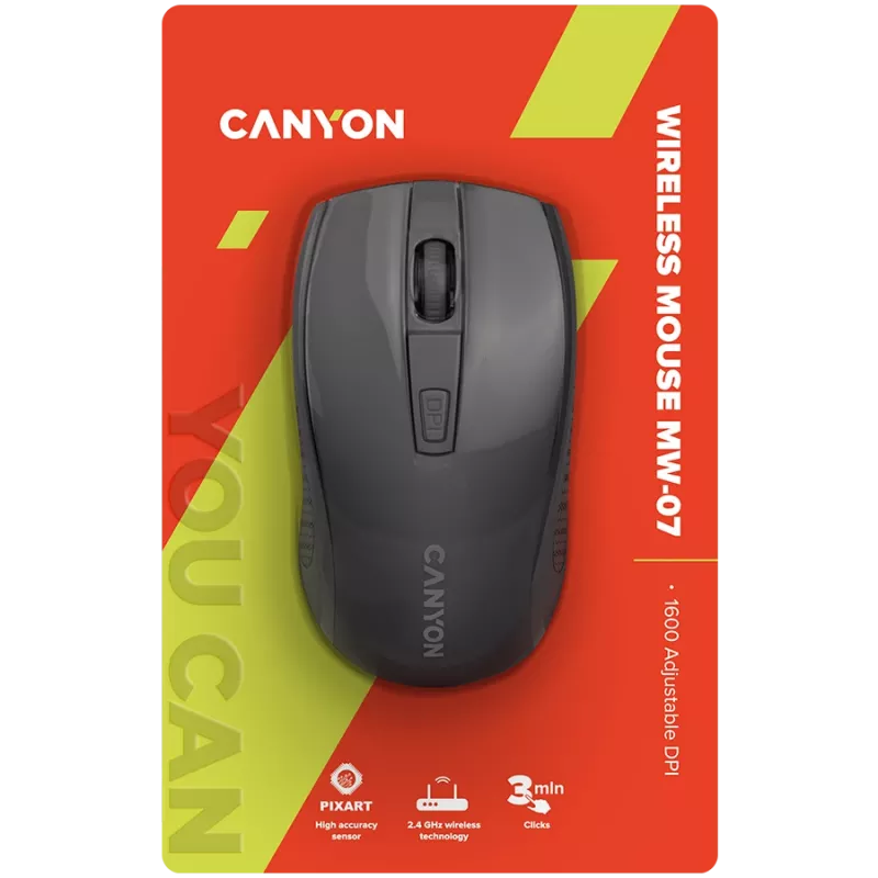 Ratón inalámbrico CANYON MW-7, 2,4 GHz, 6 botones, DPI 800/1200/1600, con 1 pila AA, tamaño 110*60*37 mm, 58 g, negro