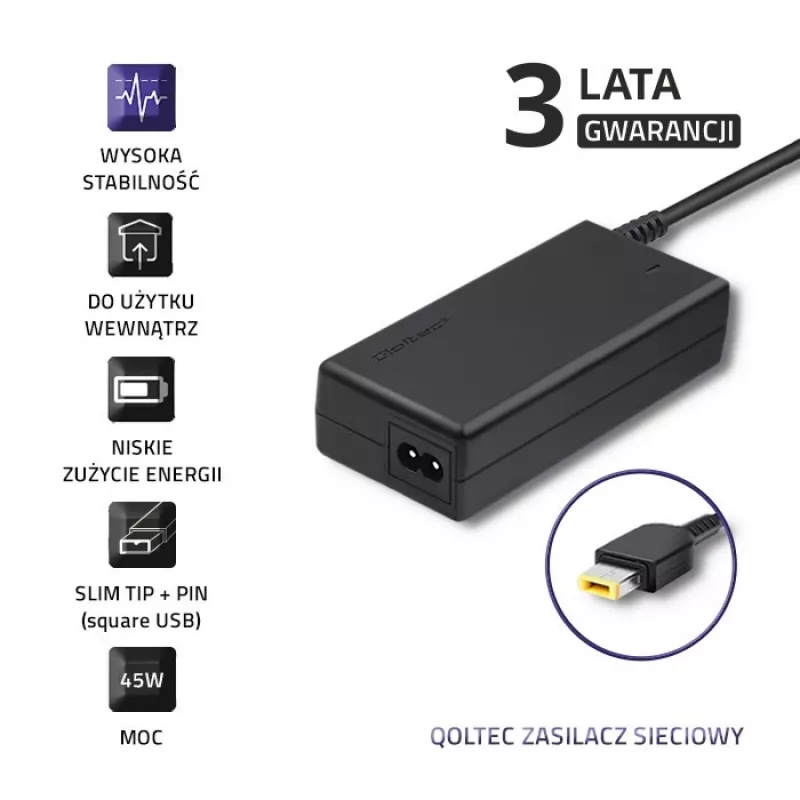 Fuente de alimentación para portátil Qoltec Lenovo 45W 20V 2,25A Slimtip + Pin 50098.45W
