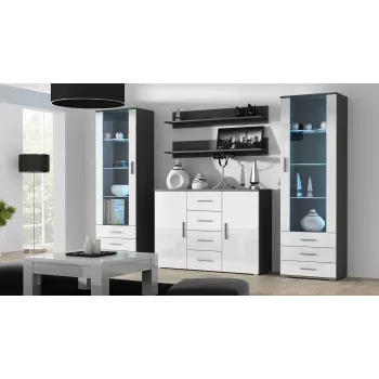 Aparador Cama Meble UNI gris/blanco alto brillo, 2 puertas, 2 baldas, 1320×380×920 mm