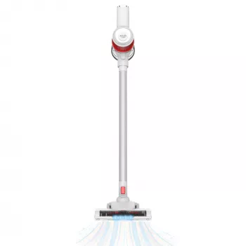 Aspirador de escoba con batería Adler AD 7051 — 300 W máx, batería de 22,2 V, 0,6 L sin bolsa, tubo de acero inoxidable, EPA F8, luz LED, blanco/rojo