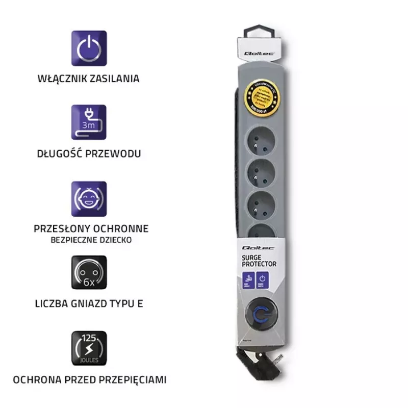 Protector de sobretensión Qoltec 50166 gris 6 tomas AC 230V 3m