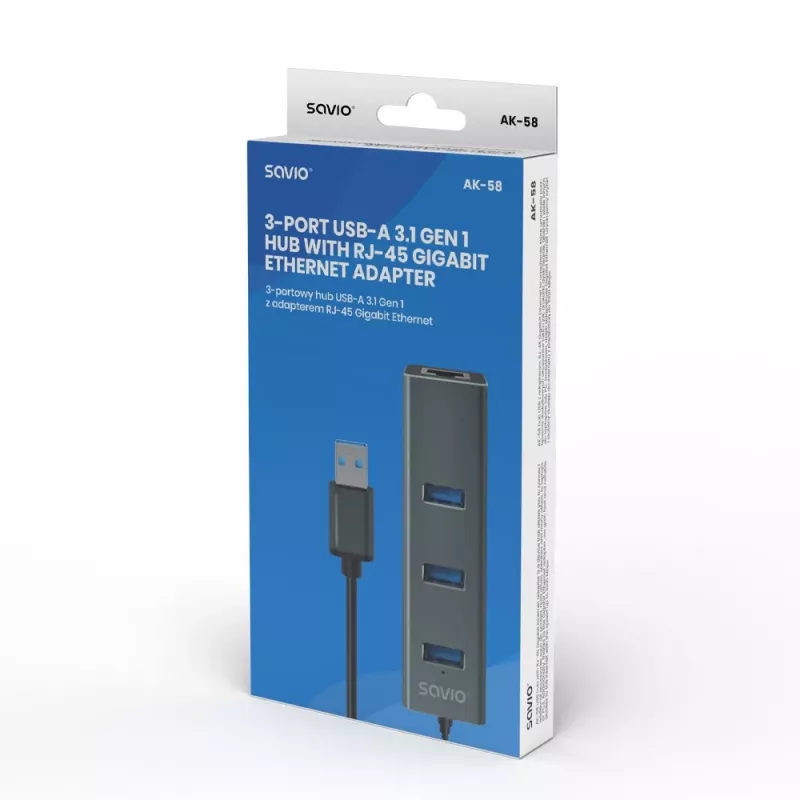 Hub USB-A SAVIO con RJ-45 Gigabit Ethernet AK-57 — 3× USB-A + RJ-45, host USB 3.2 Gen 1 Micro‑B, 5 Gbit/s, 4 puertos, gris