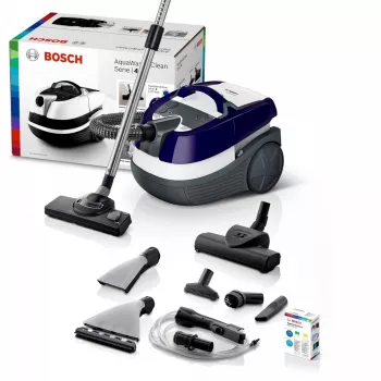Aspirador en húmedo y seco Bosch BWD 41740 AquaWash&Clean — 1700 W, depósito de 5 litros, filtro EPA, tubo telescópico, radio de 9 m, lila