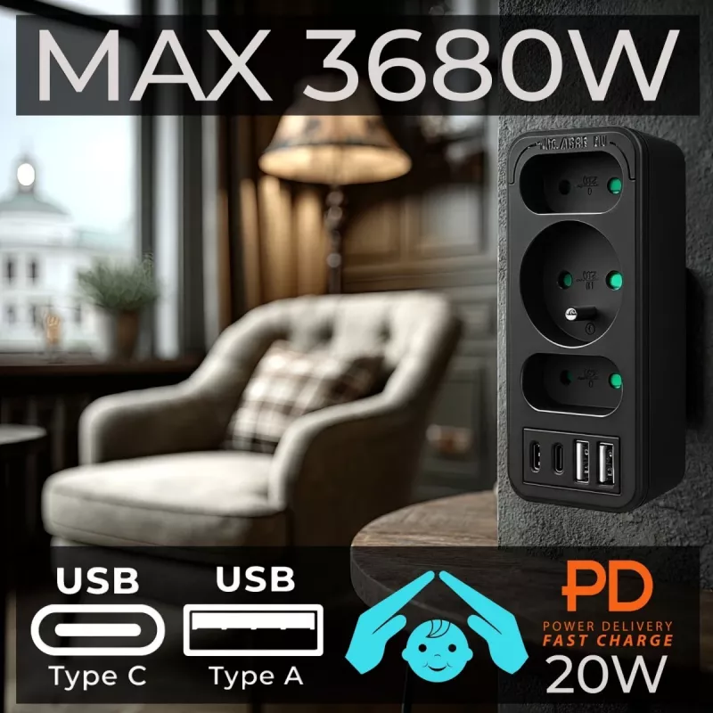 Regleta de enchufes MACLEAN MCE248 F/B — 3 tomas AC (1x16A, 2x6A) y 4 puertos USB (2xUSB‑A, 2xUSB‑C PD 20W), conector EU, negro