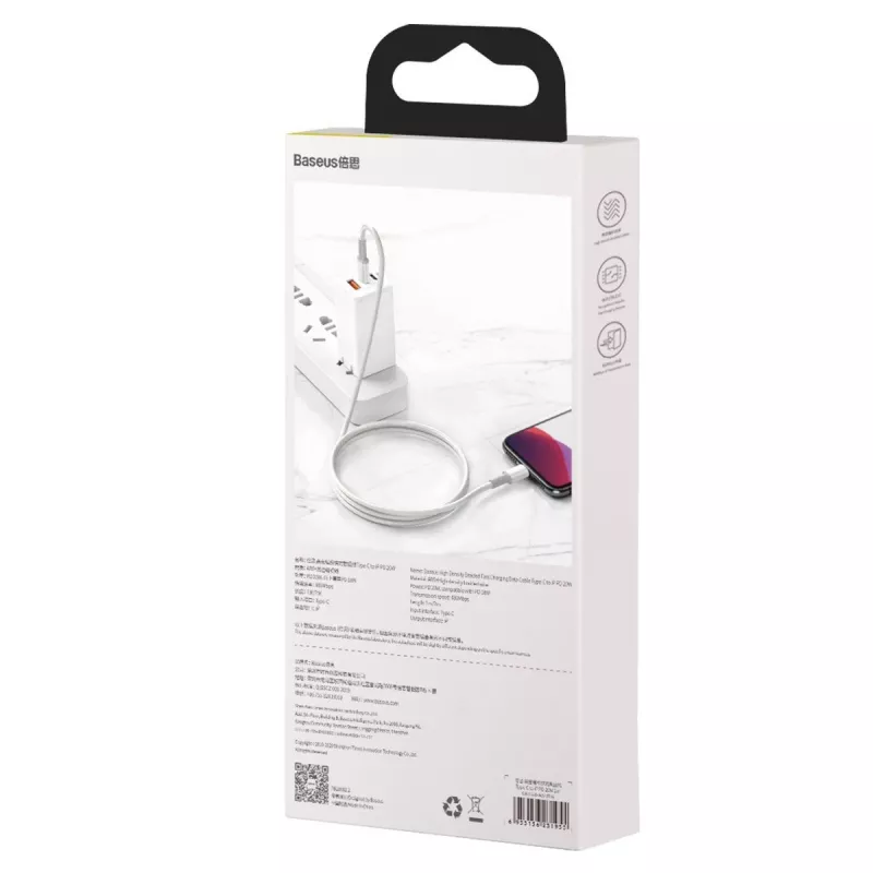 Cable trenzado de alta densidad USB-C a Lightning Baseus, 20W, PD, 2m (blanco)