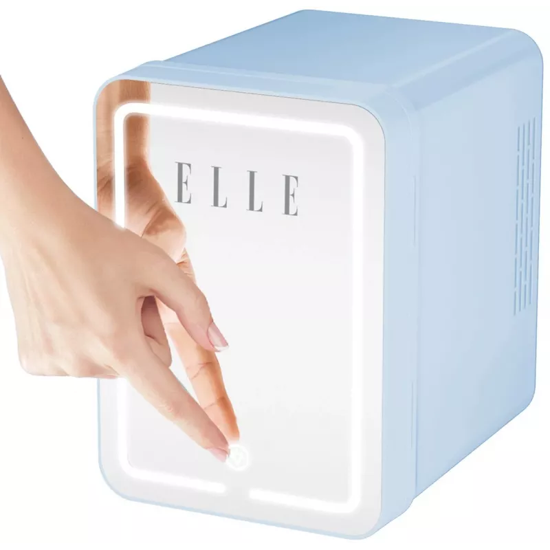 Mini nevera con espejo de maquillaje LED Elle 4 L azul — nevera personal para cosméticos