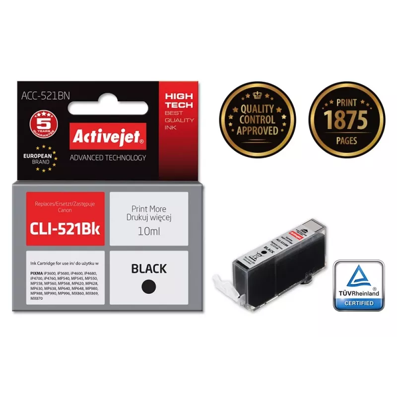 Cartucho de tinta Activejet ACC-521BN (sustituto de Canon CLI-521Bk; Supreme; 10 ml; Negro)
