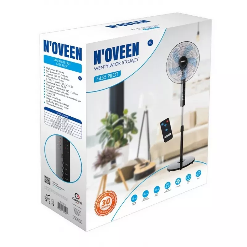 Ventilador de pie NOVEEN F455 40 cm (16 inch) con mando a distancia, 3 velocidades, temporizador, oscilación, negro