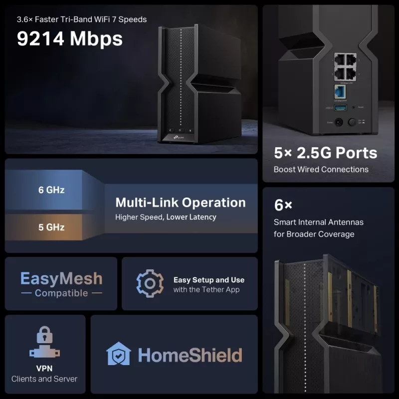 TP-Link Archer BE9300 Router Wi-Fi 7 tri-banda, Wi-Fi 7 (802.11be), tri-banda (2,4 GHz / 5 GHz / 6 GHz), Ethernet LAN, negro, router de sobremesa