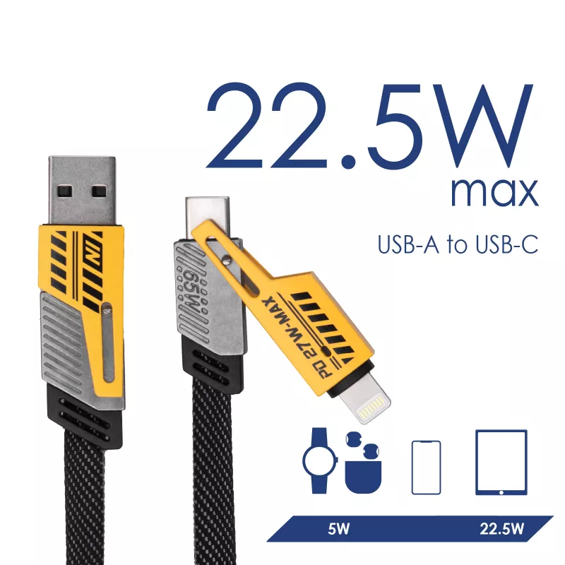 Akyga AK-USB-57 cable 4 en 1 trenzado USB-A/USB-C a USB-C/Lightning, USB 2.0, 65 W, 1 m, gris