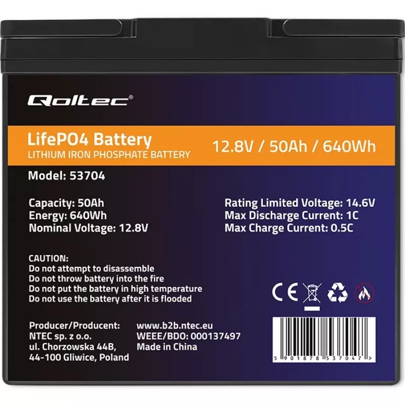 Batería LiFePO4 QOLTEC 12,8 V 50 Ah (modelo 53704) para backup y almacenamiento de energía
