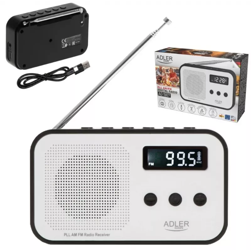 Adler AD 1907 radio digital PLL, AM/FM, 40 presintonías, alarma con repetición, USB-C, batería recargable integrada, conector de 3,5 mm, blanco/negro