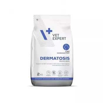Comida seca para gatos VETEXPERT Veterinary Diet Dermatosis pato y arroz 2 kg – dieta veterinaria hipoalergénica para problemas de piel, 32 % proteína, 18 % grasa