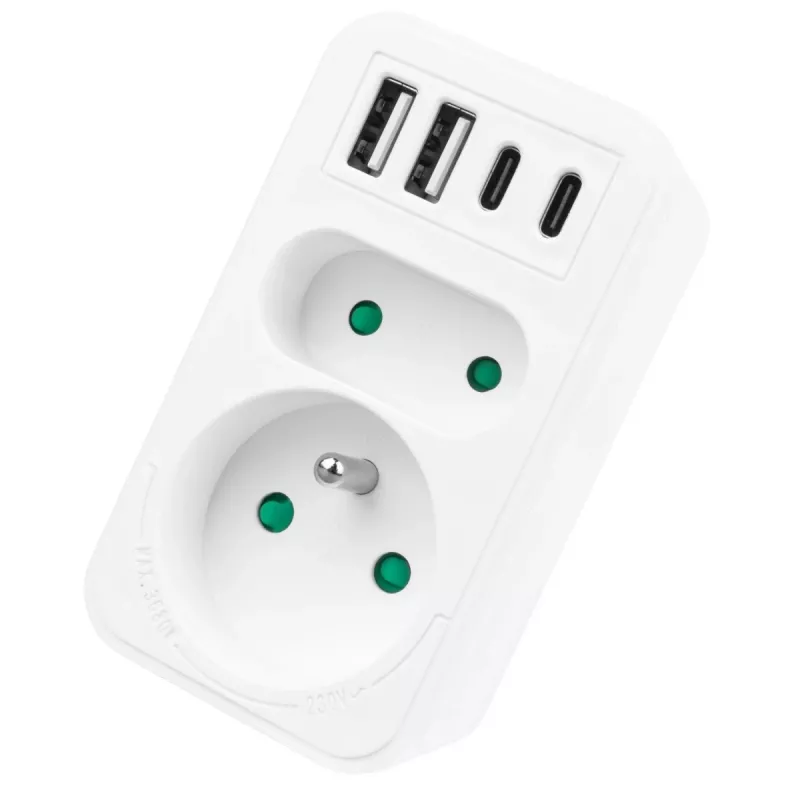 Regleta de enchufes MACLEAN MCE249 F/W – 2 tomas de corriente (16A + 6A) y 4 USB (2× A, 2× C PD 20W)
