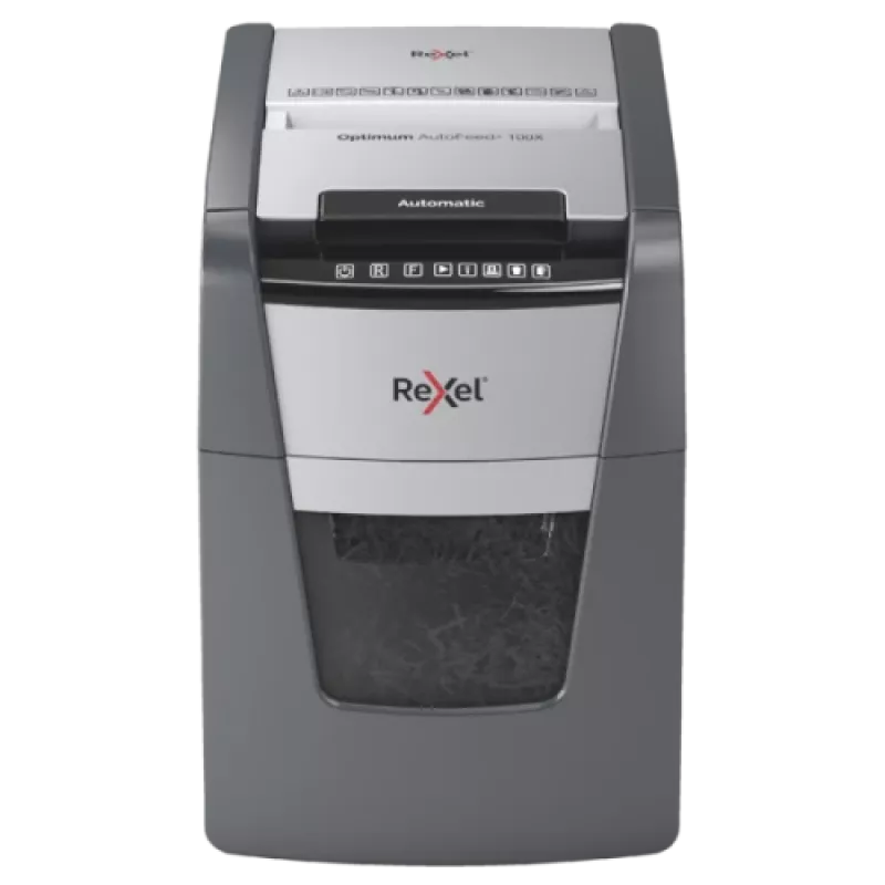 Rexel Optimum AutoFeed+ 100X destructora de papel, corte en partículas P-4 4x28 mm, 100 hojas, papelera de 34 L