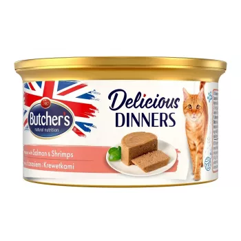 Comida húmeda para gatos butcher's mousse Delicious Dinners salmón y gambas 85 g, proteína 9,5 %, grasa 4 %