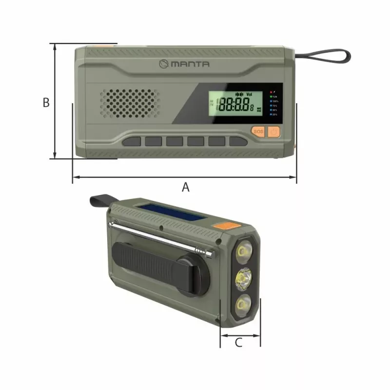 Radio FM portátil MANTA RDI401G con panel solar, dinamo, batería de 4000–4500 mAh, salida USB de 5 V, 3 W, linterna
