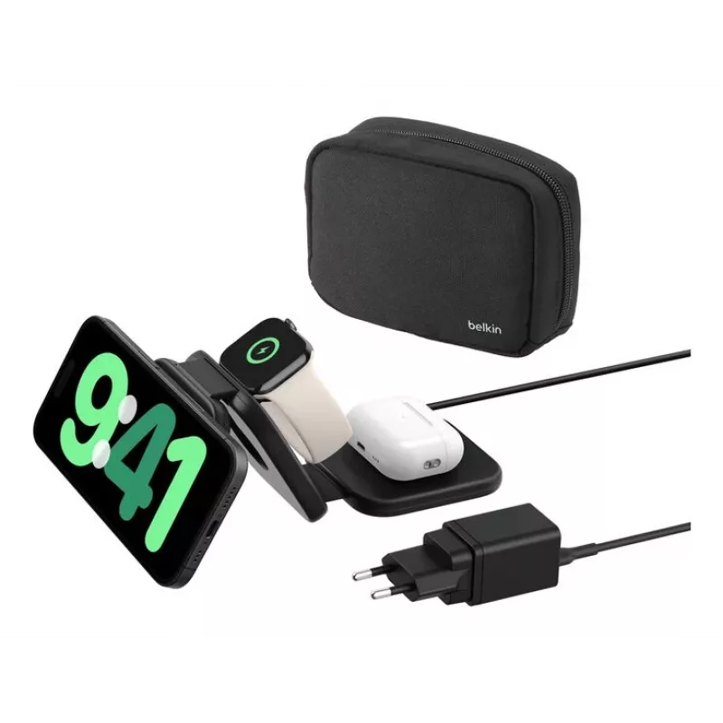 Belkin BoostCharge Pro Qi2 3 en 1 cargador inalámbrico de viaje magnético y plegable, negro, 15 W