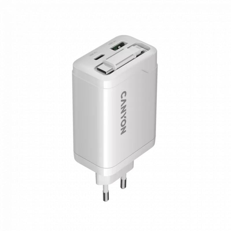 Cargador CANYON OnCharge 65RC con cable USB-C integrado 65W, 1x PD, 1x QC, enchufe EU, blanco