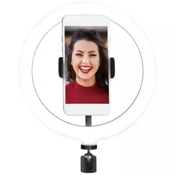 LogiLink AA0151 Anillo de luz LED para smartphones, Ø 200 mm, 3 modos de color, regulable, rosca de trípode de 1/4 de pulgada, con soporte para smartphone, USB, cable de 1,8 m, negro