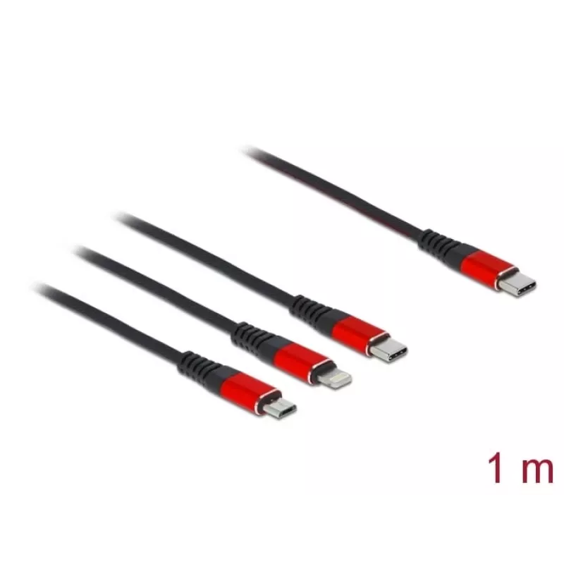 Cable de carga USB DeLOCK 3 en 1 USB Type-C a Lightning Micro USB USB Type-C 1 m negro rojo
