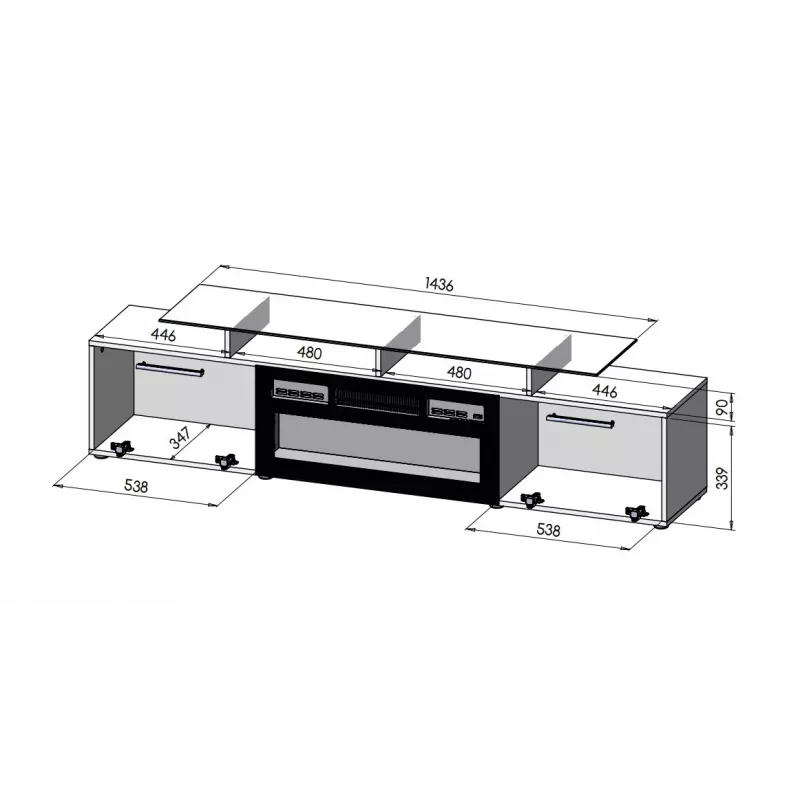 Mueble TV Cama Meble ROVA con chimenea eléctrica, 190x37x48 cm, negro/negro brillante