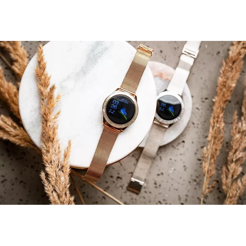 Smartwatch ORO-MED ORO-SMART CRYSTAL SILVER — caja redonda de metal, LCD 240 × 198, pantalla de 1,04 pulgadas, Bluetooth 4.0, sumergible, batería de 120 mAh